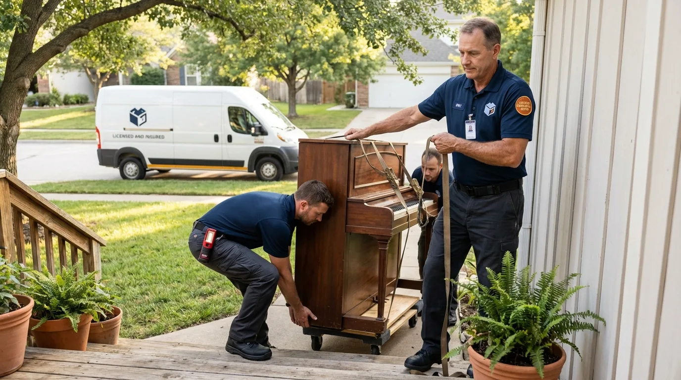 Licensed piano movers securing grand piano in Entiat, WA