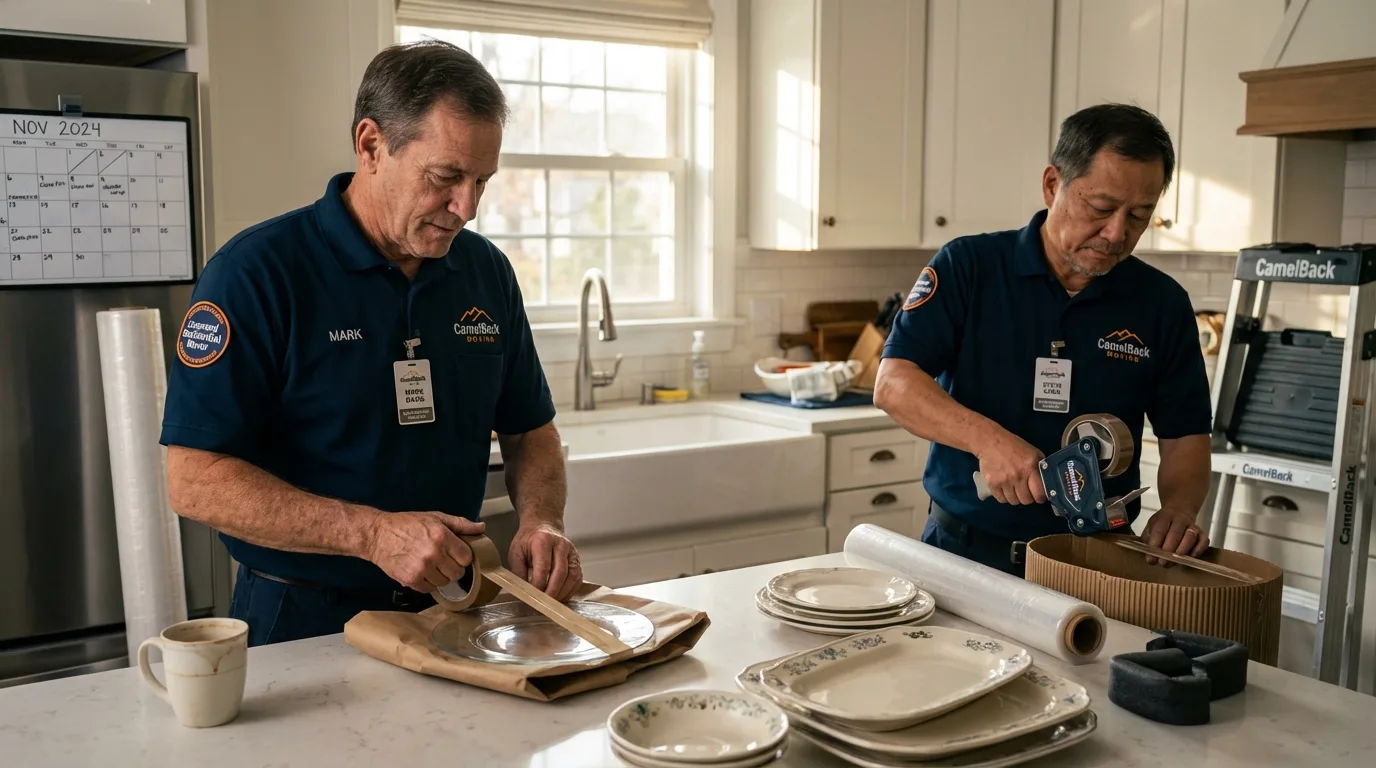 Professional crew packing kitchen dishware in Entiat, WA